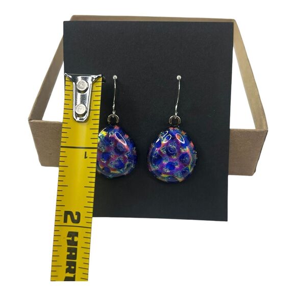 Dangle Drop Earrings Handmade Fused Glass Iridescent Blue Purple Pink New In Box - Picture 5 of 8